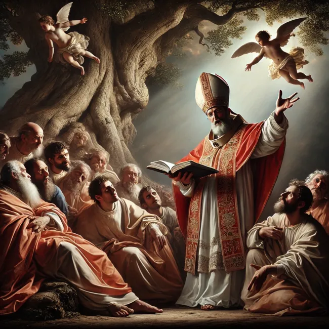 DALL·E 2025-03-19 22.31.04 - Dramatic Baroque-style artwork depicting Pope Innocent I realistically dressed in historically accurate yet simple 5th-century bishop attire, energeti.webp